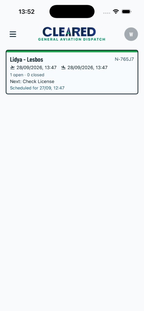 Cleared home screen with a flight tile
